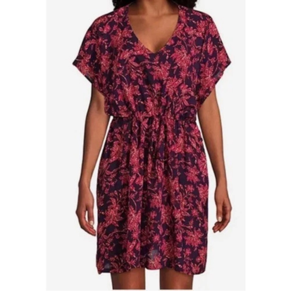NEW Lands’ end Floral Drawstring Waist Dress swim coverup beach purple XL-XXL